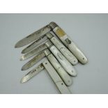 Five small folding fruit knives all having HM silver blades and mother of pearl handles, all AF,