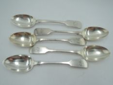 Five Victorian and Georgian (5 & 1) HM silver teaspoons of fiddle back pattern bearing monogram to