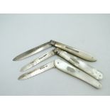 Three folding fruit knives, all having HM silver blades and mother of pearl handles with plain