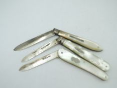 Three folding fruit knives, all having HM silver blades and mother of pearl handles with plain