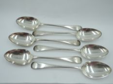Six Edwardian silver table spoons of Old English form bearing letter to terminal, Sheffield 1905,