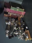 A large selection of French and Flemish silver plated flatware including cased Wiskemann cake forks,