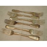 Six Georgian silver dessert forks of plain fiddle back pattern, London 1834, John James Whiting,