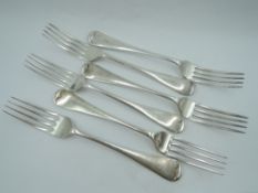 Six Edwardian silver dinner forks of Old English form bearing letter to terminal, Sheffield 1906,