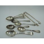 A selection of Georgian silver tea spoons and a pair of Georgian silver Sugar nips, approx 169g
