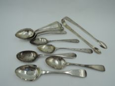 A selection of Georgian silver tea spoons and a pair of Georgian silver Sugar nips, approx 169g