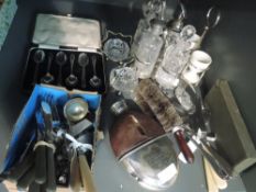 A selection of silver plated items including a Victorian hip flask, eggery, cased and loose flatware