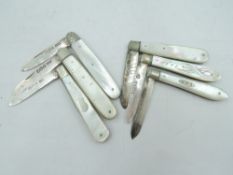 Six small folding fruit knives of small form, all having HM silver blades and mother of pearl