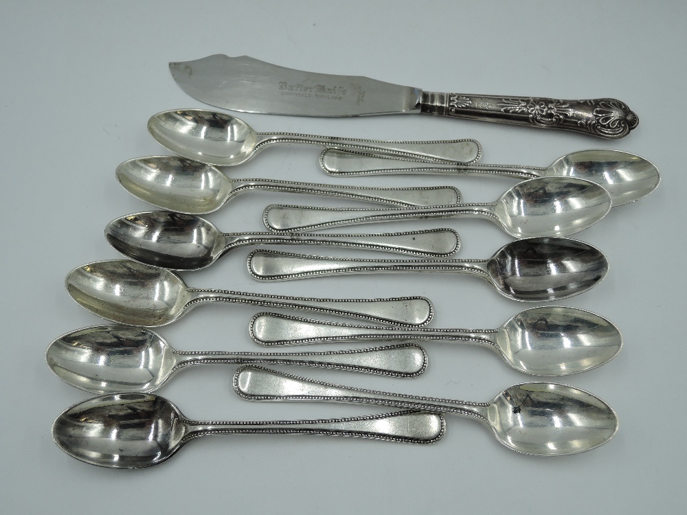 Eleven silver coffee spoons having beaded decoration to stems, Sheffield 1910, Joseph Rodgers & Sons