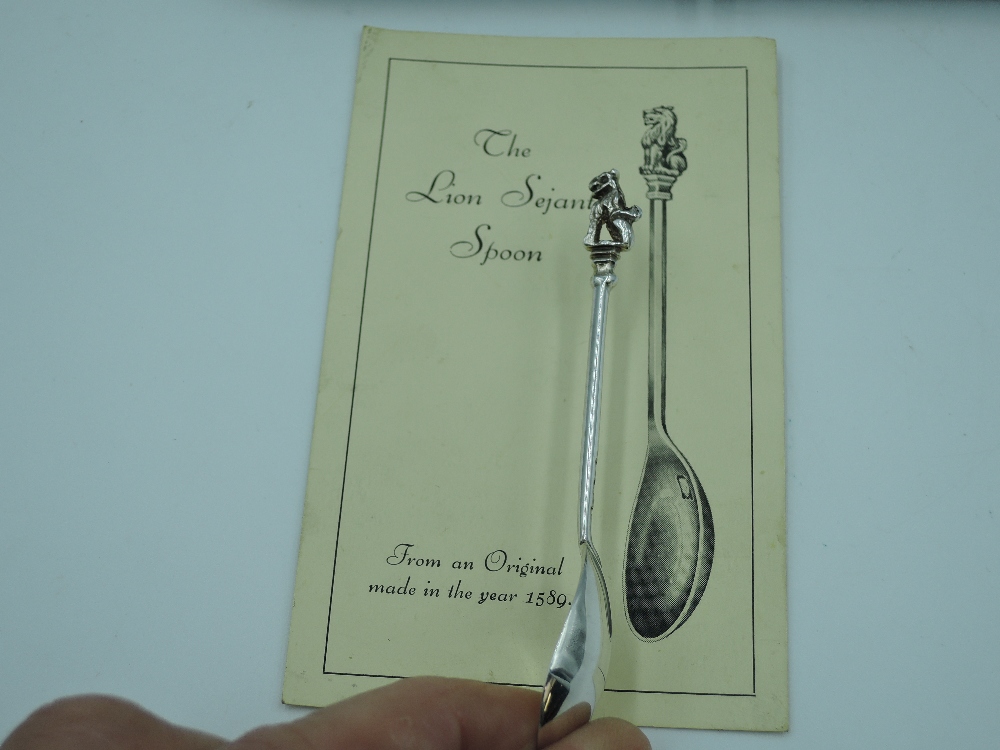 A cased set of six 1930's silver lion sejant replica spoons, London 1939, Thomas Bradbury & Sons - Image 2 of 3
