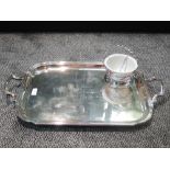 A large silver plated butlers tray of plain form with raised rim and Long Service presentation