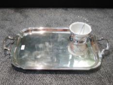 A large silver plated butlers tray of plain form with raised rim and Long Service presentation