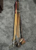 Ten vintage Golf Clubs, hickory or similar shafted, A Milliner Exhibition Model Driver, R Forgan &