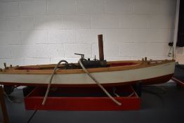 A Live Steam hand built wooden model Cruiser Boat having twin piston vertical engine, brass and