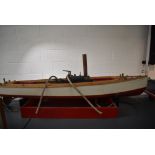 A Live Steam hand built wooden model Cruiser Boat having twin piston vertical engine, brass and