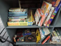 Two shelves of vintage Toys & Games including Matchbox Motorised Motoway M2, Oh No, Tackle,