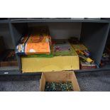 A shelf of vintage Toys and Games including Tudor Rose Table Top Soccer, Sharon See Jed Indian