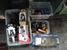 A shelf of mixed scale playworn diecasts including Corgi, Matchbox, Polistil etc, many racing cars