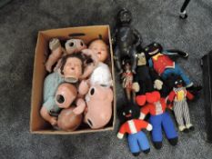 A shelf of mixed vintage Dolls and Teddy Bears including mid 20th century Plastex and similar