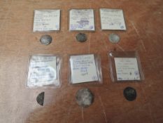 Six Hammered English Silver Coins including 1609 James I Sixpence and 1565 Elizabeth I Threepence,