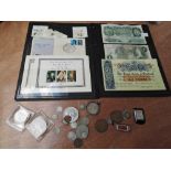 A small collection of Coins, Stamps and Banknotes, coins includes Silver Threepences, stamps include