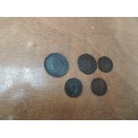 A collection of five early Irish Coins, 1805 Halfpenny, 1782 Halfpenny, 1806 Farthing, 1760 Farthing