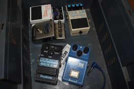 Five assorted effects pedals comprising Ibanez Phase Tone PT-909, Guyatone PS-006 Analog Echo,