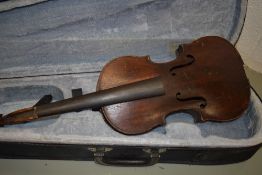 Two traditional violins both with two piece backs, approx 14in, one in period case, one in modern