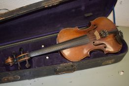 A traditional violin, having two piece back, approx 14in, in period wooden case