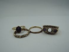 Four 9ct gold and yellow metal rings including wedding band and three damaged, approx 7g