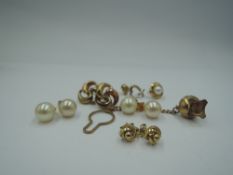 A small selection of yellow metal earrings stamped 9ct including cultured pearls, simulated
