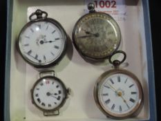 Two white metal pocket watches stamped silver, a gold plated pocket watch (plating worn off) and a