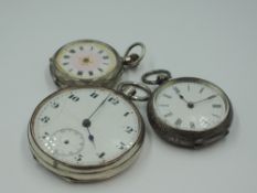 Three vintage silver pocket watches including key wound, having engine turned and engraved cases,