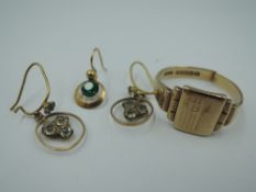 A small selection of 9ct gold including broken signet ring and odd earrings, approx 6.8g
