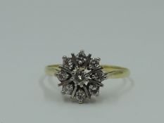 A lady's dress ring having a diamond star burst cluster, approx 0.5ct on a yellow metal loop, no
