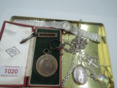 A small selection of silver including decorative chain, locket, cross pendant, signet ring etc,