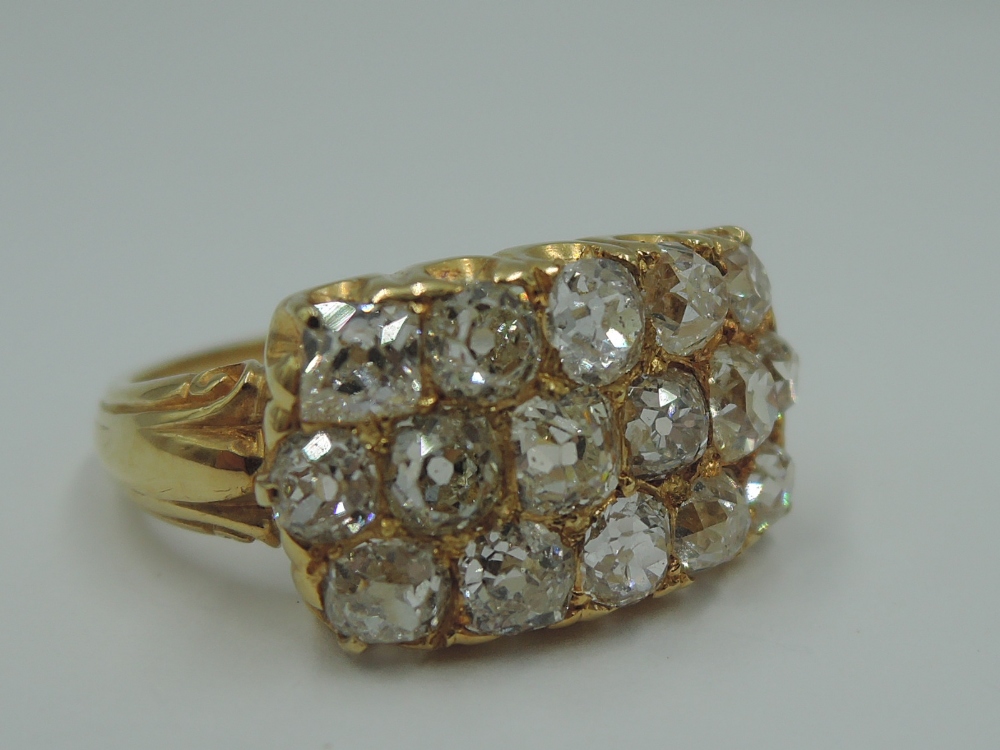 A three row diamond ring having sixteen old cut diamonds, approx 2ct total in a panel setting to - Image 2 of 5