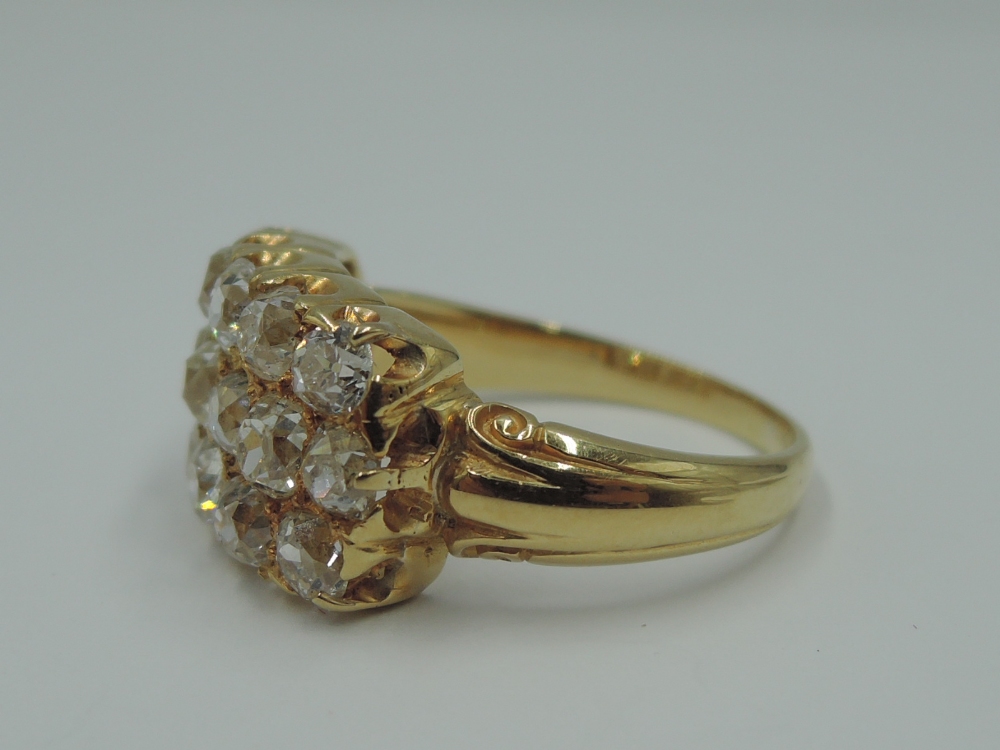 A three row diamond ring having sixteen old cut diamonds, approx 2ct total in a panel setting to - Image 4 of 5