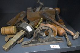 A selection of antique and later woodworking tools including hollow handle tool, Archimedes drill