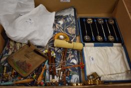 A selection of haberdashery and sewing items including Mauchline ware cases and lace bobbins