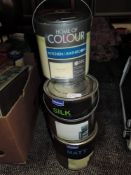 Six tins of neutral colour decorators emulsion including Farrow and Ball