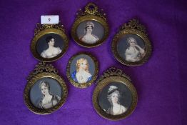 Six antique brass framed finely hand painted portrait miniatures,around 19th century, all