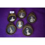 Six antique brass framed finely hand painted portrait miniatures,around 19th century, all