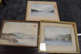 A watercolour, F G Hudson, coastal scene, signed and dated 1956, a pair of watercolours, lake