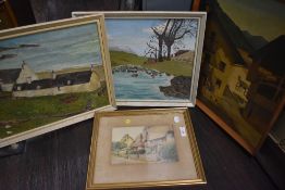 A selection of naive oil paintings on board and similar print