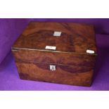 A fine antique sewing or make up case having walnut burr case with fitted interior with mirror