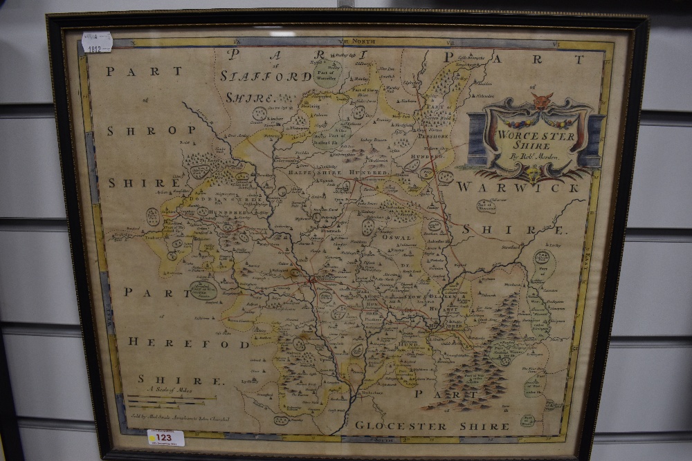 A map hand tinted and framed after Robert Morden for Worcester Shire