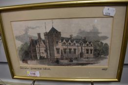 An engraving, Lancaster Grammar School, later coloured, dated 1855, 12 x 23cm, plus frame and