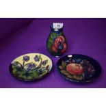 Two ceramic pin dishes by Moorcroft and a similar vase AF