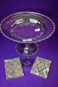 Two antique mother of pearl card cases and a footed fruit bowl